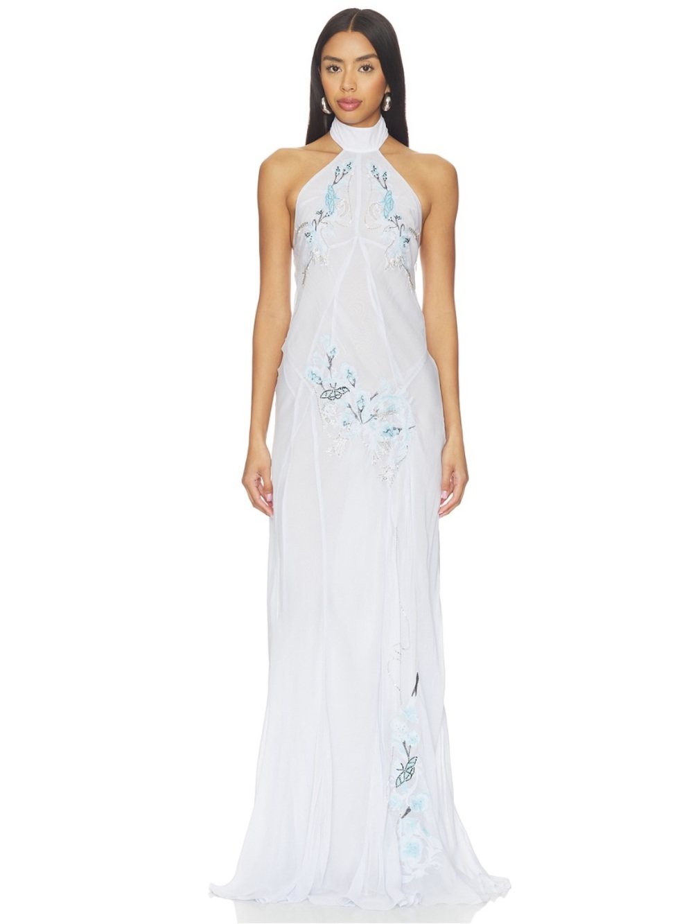 Muma World Blue Vine Flower Embroidered Belmira Sheer Dress in Blue Size Medium